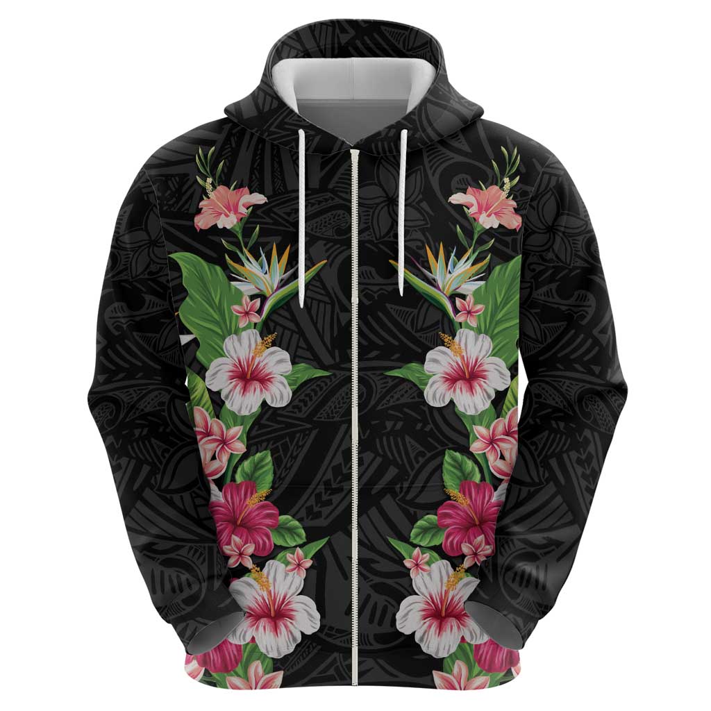 Hawaii Tropical Flowers Zip Hoodie Black Polynesian Tattoo Art LT05 - Polynesian Pride