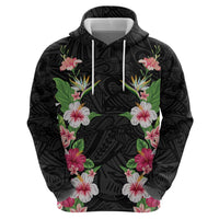 Hawaii Tropical Flowers Zip Hoodie Black Polynesian Tattoo Art LT05 - Polynesian Pride