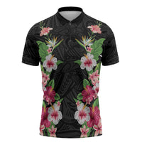 Hawaii Tropical Flowers Zipper Polo Shirt Black Polynesian Tattoo Art