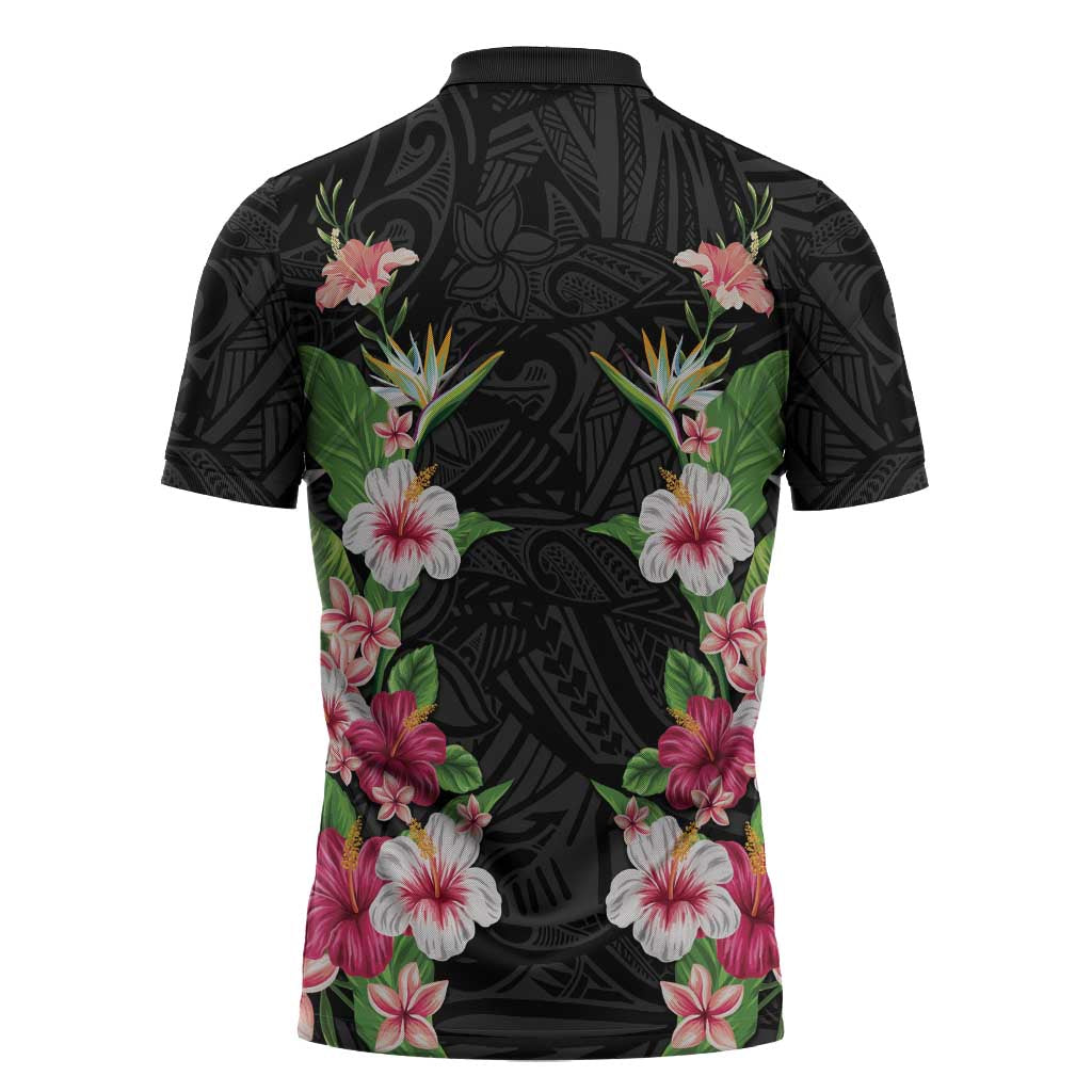 Hawaii Tropical Flowers Zipper Polo Shirt Black Polynesian Tattoo Art