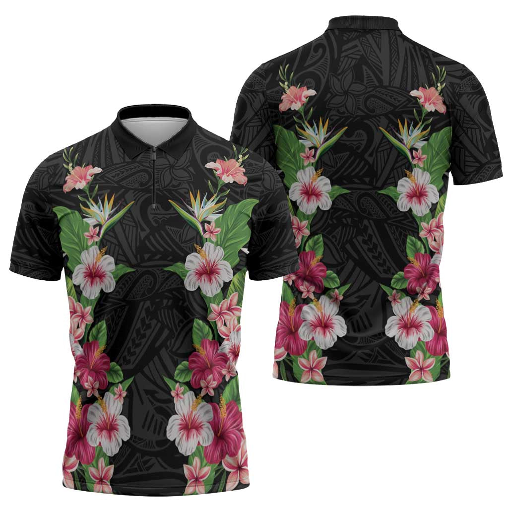 Hawaii Tropical Flowers Zipper Polo Shirt Black Polynesian Tattoo Art