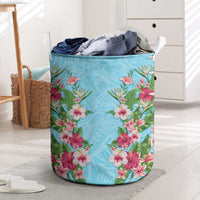 Hawaii Tropical Flowers Laundry Basket Sky Blue Polynesian Tattoo Art