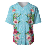 Hawaii Tropical Flowers Baseball Jersey Sky Blue Polynesian Tattoo Art