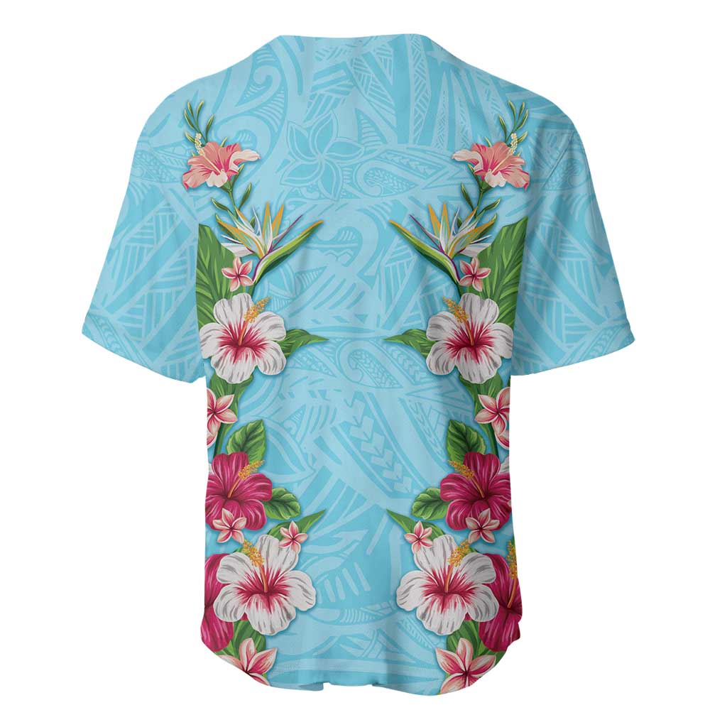 Hawaii Tropical Flowers Baseball Jersey Sky Blue Polynesian Tattoo Art