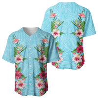 Hawaii Tropical Flowers Baseball Jersey Sky Blue Polynesian Tattoo Art
