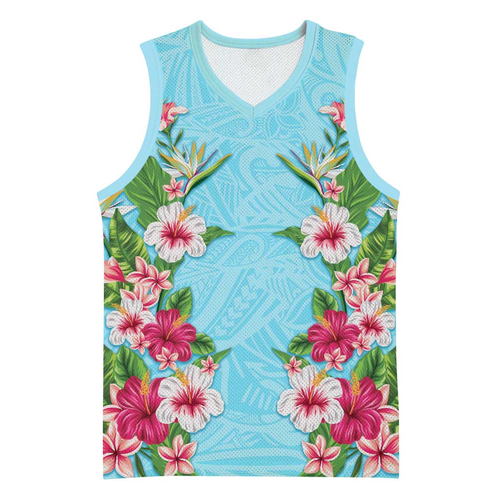 Hawaii Tropical Flowers Basketball Jersey Sky Blue Polynesian Tattoo Art LT05 Unisex Blue - Polynesian Pride