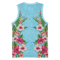 Hawaii Tropical Flowers Basketball Jersey Sky Blue Polynesian Tattoo Art LT05 - Polynesian Pride