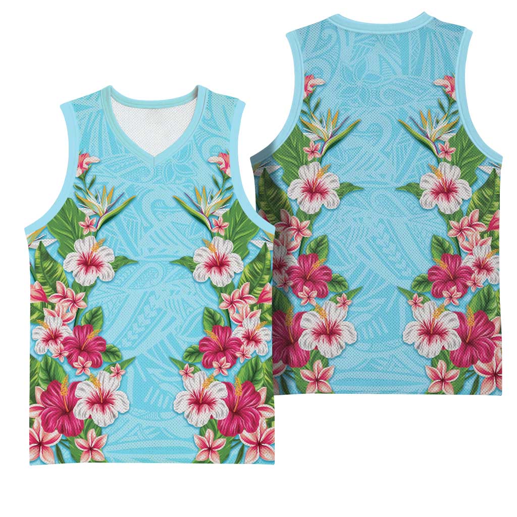 Hawaii Tropical Flowers Basketball Jersey Sky Blue Polynesian Tattoo Art LT05 - Polynesian Pride