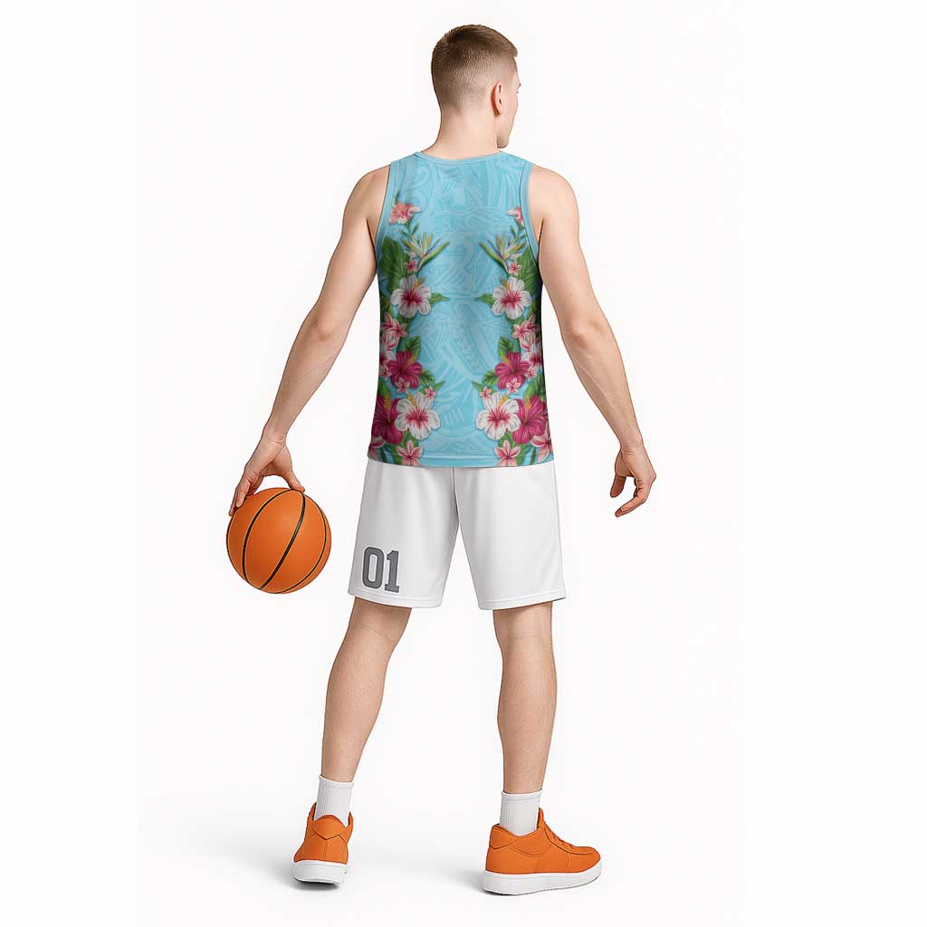 Hawaii Tropical Flowers Basketball Jersey Sky Blue Polynesian Tattoo Art LT05 - Polynesian Pride