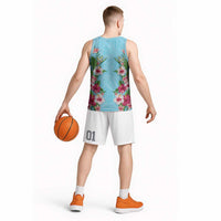 Hawaii Tropical Flowers Basketball Jersey Sky Blue Polynesian Tattoo Art LT05 - Polynesian Pride