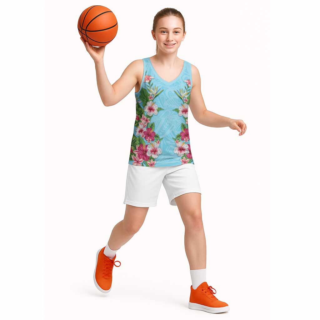 Hawaii Tropical Flowers Basketball Jersey Sky Blue Polynesian Tattoo Art LT05 - Polynesian Pride