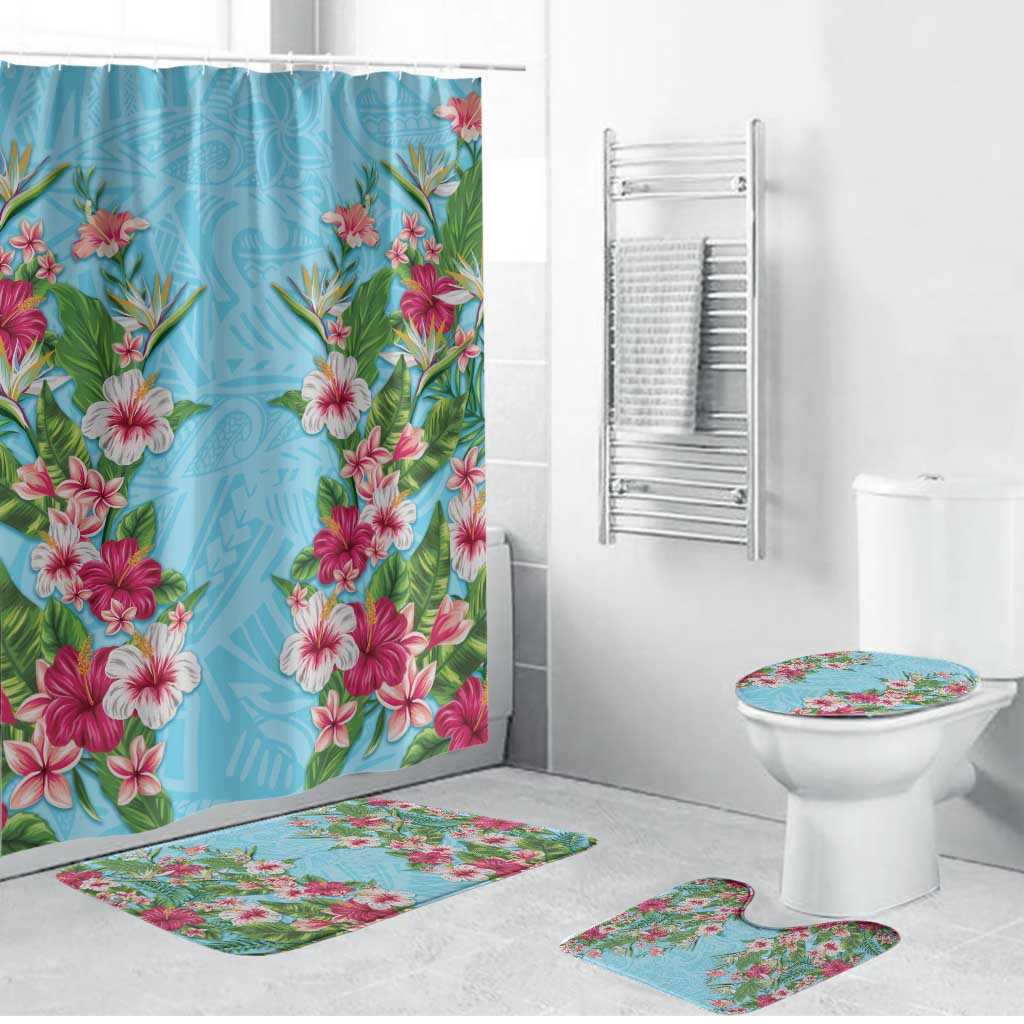 Hawaii Tropical Flowers Bathroom Set Sky Blue Polynesian Tattoo Art