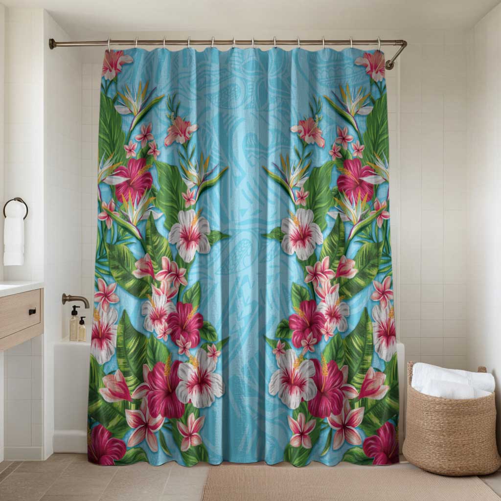 Hawaii Tropical Flowers Bathroom Set Sky Blue Polynesian Tattoo Art