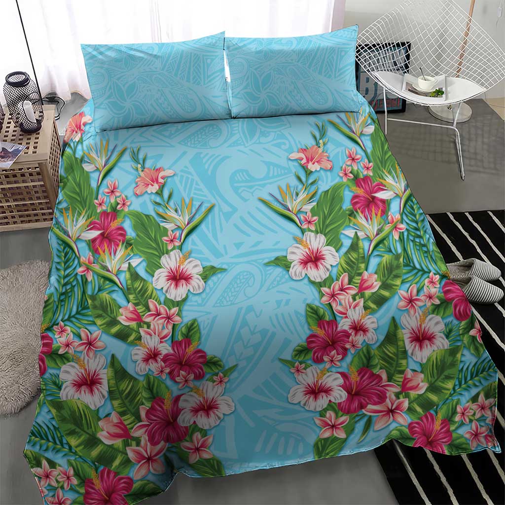 Hawaii Tropical Flowers Bedding Set Sky Blue Polynesian Tattoo Art