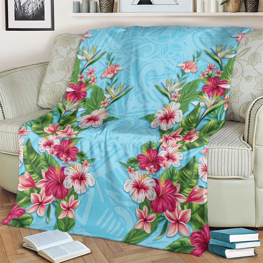 Hawaii Tropical Flowers Blanket Sky Blue Polynesian Tattoo Art