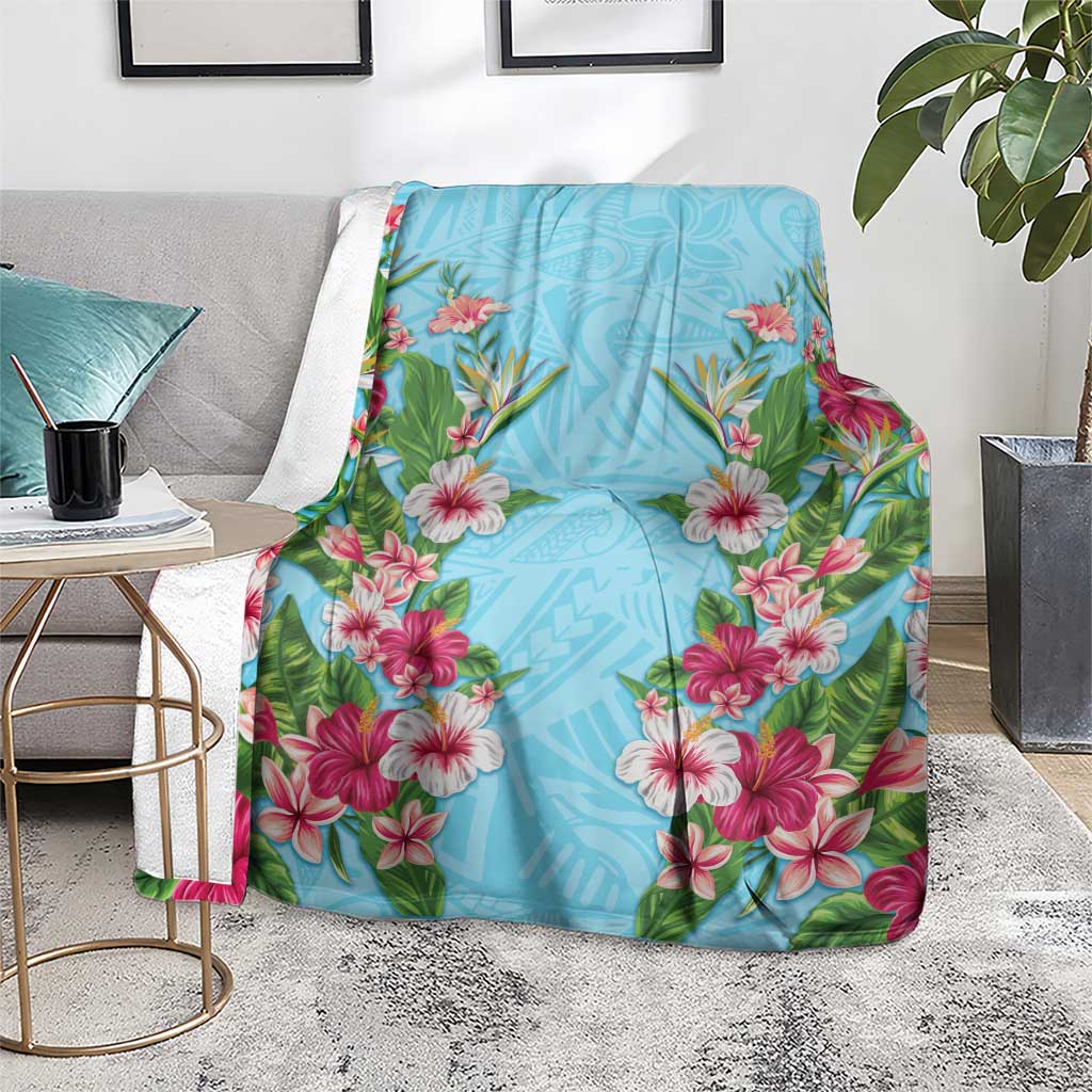 Hawaii Tropical Flowers Blanket Sky Blue Polynesian Tattoo Art