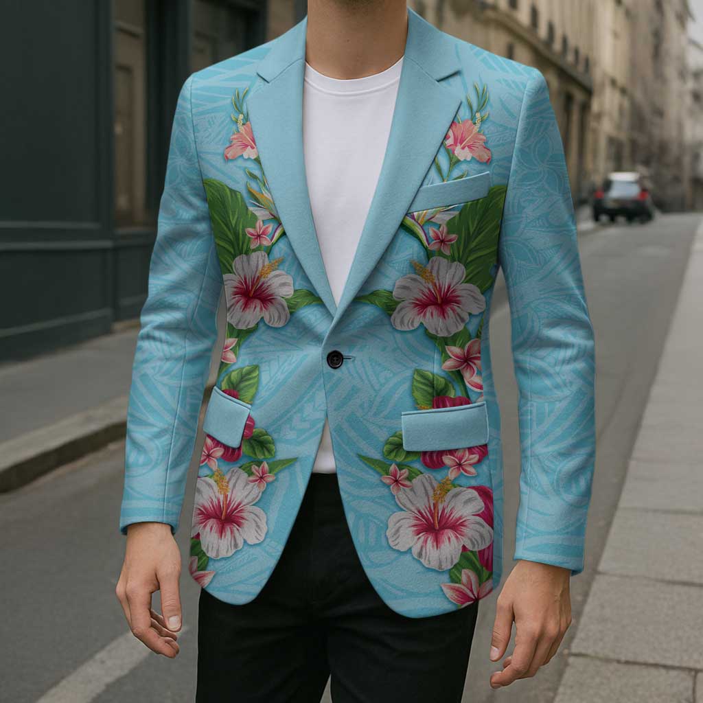 Hawaii Tropical Flowers Blazer Sky Blue Polynesian Tattoo Art