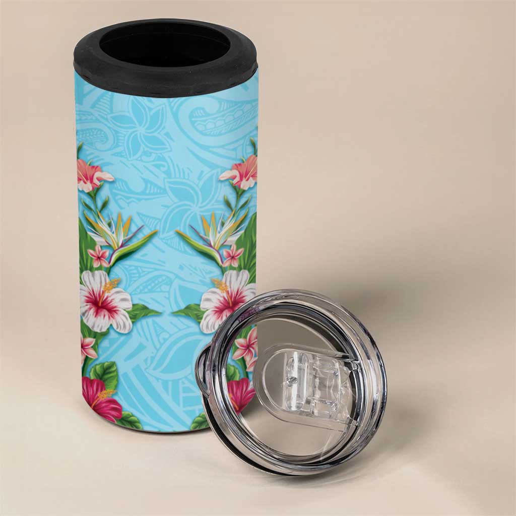 Hawaii Tropical Flowers 4 in 1 Can Cooler Tumbler Sky Blue Polynesian Tattoo Art LT05 - Polynesian Pride
