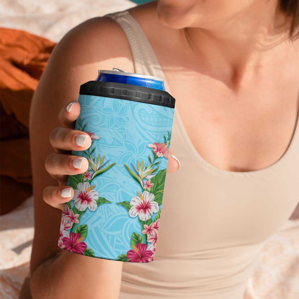 Hawaii Tropical Flowers 4 in 1 Can Cooler Tumbler Sky Blue Polynesian Tattoo Art LT05 - Polynesian Pride