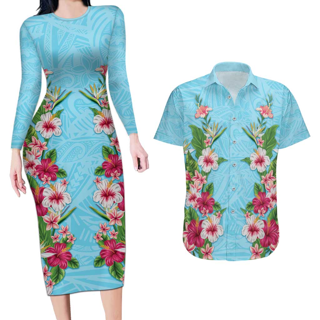 Hawaii Tropical Flowers Couples Matching Long Sleeve Bodycon Dress and Hawaiian Shirt Sky Blue Polynesian Tattoo Art