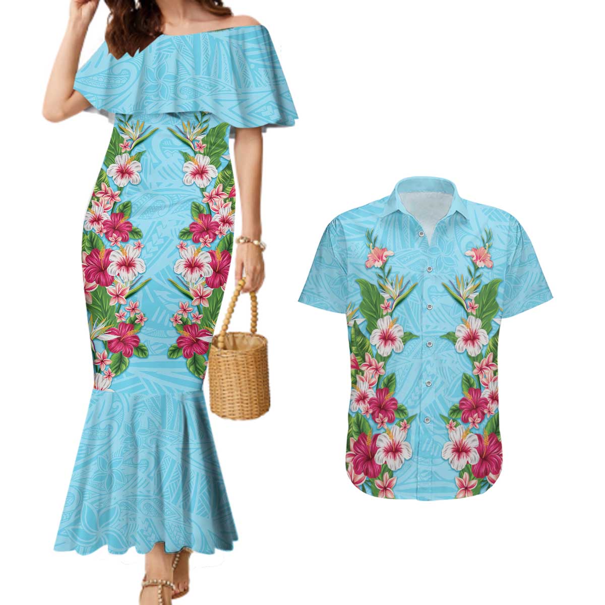 Hawaii Tropical Flowers Couples Matching Mermaid Dress and Hawaiian Shirt Sky Blue Polynesian Tattoo Art
