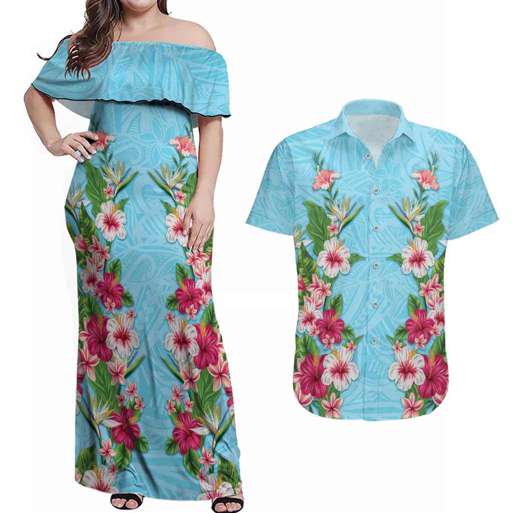 Hawaii Tropical Flowers Couples Matching Off Shoulder Maxi Dress and Hawaiian Shirt Sky Blue Polynesian Tattoo Art