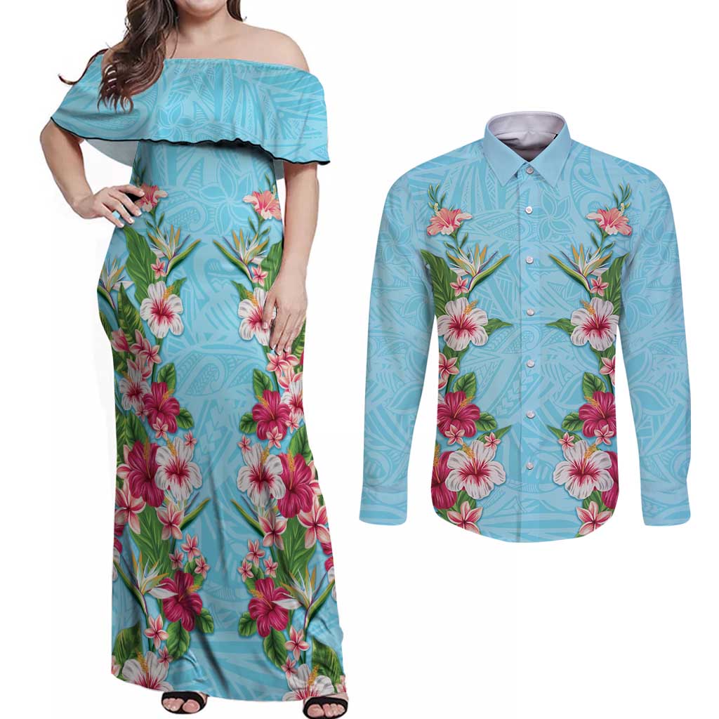 Hawaii Tropical Flowers Couples Matching Off Shoulder Maxi Dress and Long Sleeve Button Shirt Sky Blue Polynesian Tattoo Art