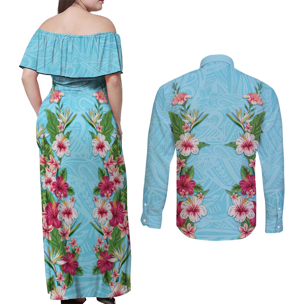 Hawaii Tropical Flowers Couples Matching Off Shoulder Maxi Dress and Long Sleeve Button Shirt Sky Blue Polynesian Tattoo Art
