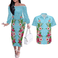 Hawaii Tropical Flowers Couples Matching Off The Shoulder Long Sleeve Dress and Hawaiian Shirt Sky Blue Polynesian Tattoo Art