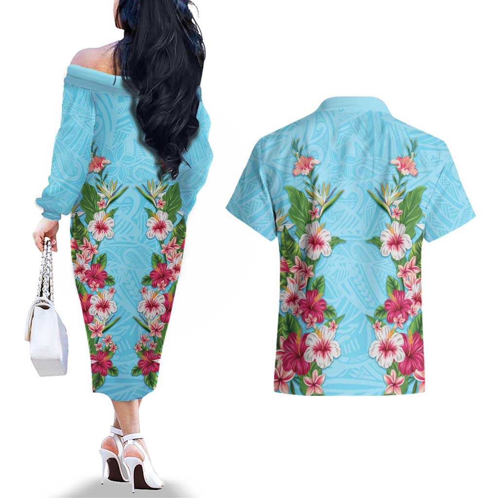 Hawaii Tropical Flowers Couples Matching Off The Shoulder Long Sleeve Dress and Hawaiian Shirt Sky Blue Polynesian Tattoo Art