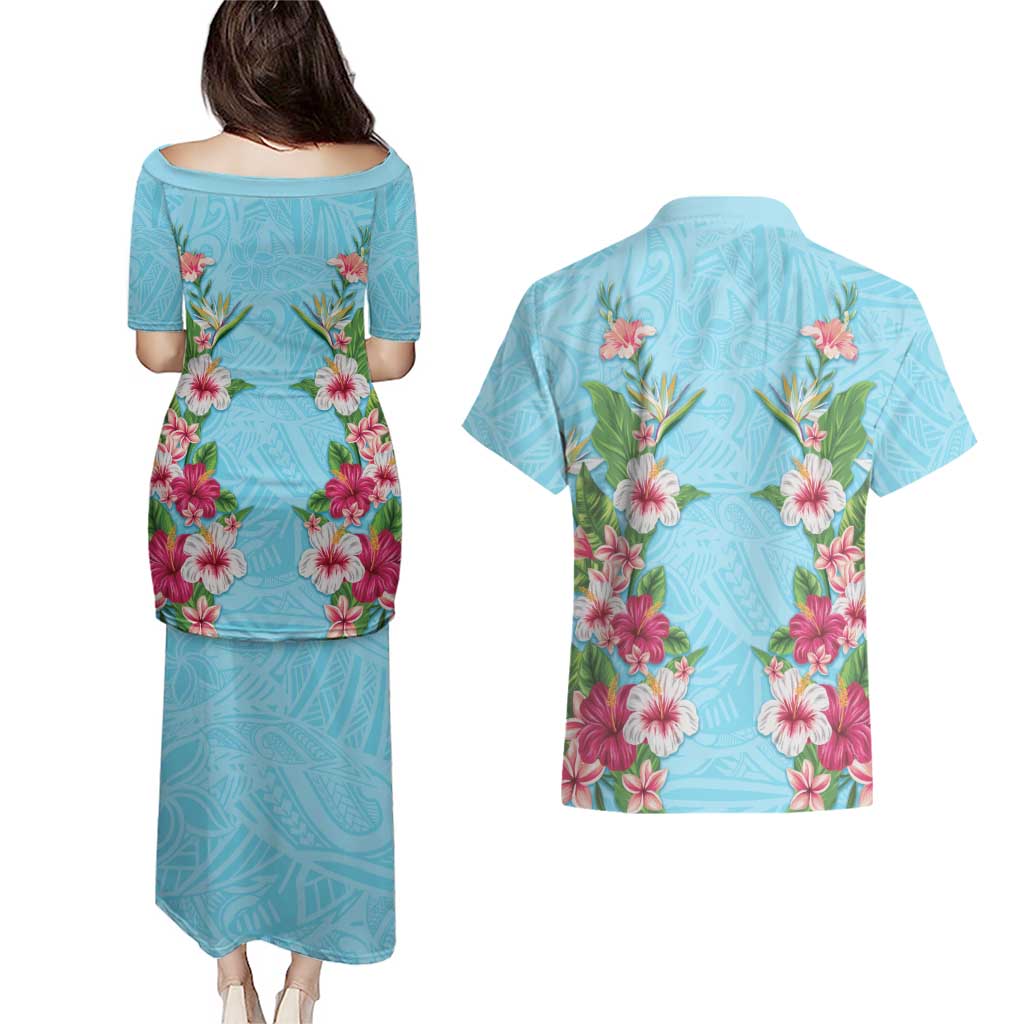 Hawaii Tropical Flowers Couples Matching Puletasi and Hawaiian Shirt Sky Blue Polynesian Tattoo Art