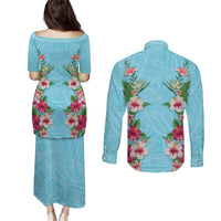 Hawaii Tropical Flowers Couples Matching Puletasi and Long Sleeve Button Shirt Sky Blue Polynesian Tattoo Art LT05 - Polynesian Pride