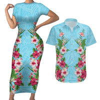 Hawaii Tropical Flowers Couples Matching Short Sleeve Bodycon Dress and Hawaiian Shirt Sky Blue Polynesian Tattoo Art