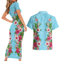 Hawaii Tropical Flowers Couples Matching Short Sleeve Bodycon Dress and Hawaiian Shirt Sky Blue Polynesian Tattoo Art