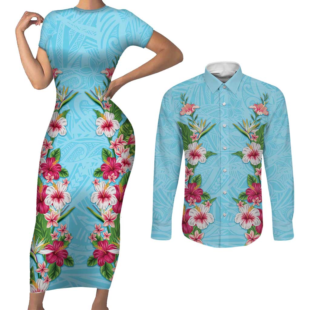 Hawaii Tropical Flowers Couples Matching Short Sleeve Bodycon Dress and Long Sleeve Button Shirt Sky Blue Polynesian Tattoo Art
