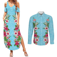 Hawaii Tropical Flowers Couples Matching Summer Maxi Dress and Long Sleeve Button Shirt Sky Blue Polynesian Tattoo Art