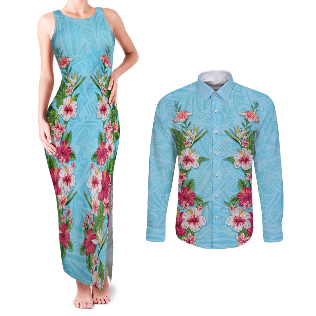 Hawaii Tropical Flowers Couples Matching Tank Maxi Dress and Long Sleeve Button Shirt Sky Blue Polynesian Tattoo Art