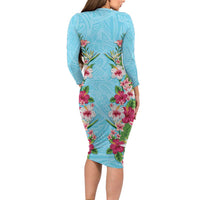 Hawaii Tropical Flowers Family Matching Long Sleeve Bodycon Dress and Hawaiian Shirt Sky Blue Polynesian Tattoo Art