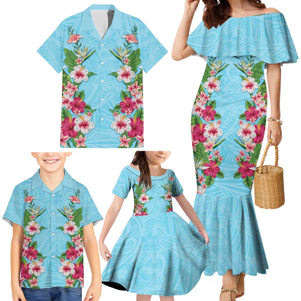 Hawaii Tropical Flowers Family Matching Mermaid Dress and Hawaiian Shirt Sky Blue Polynesian Tattoo Art