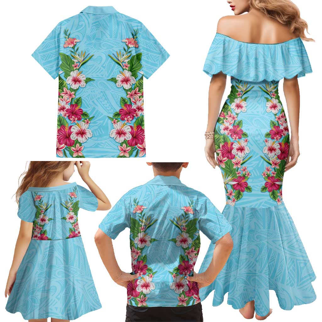 Hawaii Tropical Flowers Family Matching Mermaid Dress and Hawaiian Shirt Sky Blue Polynesian Tattoo Art