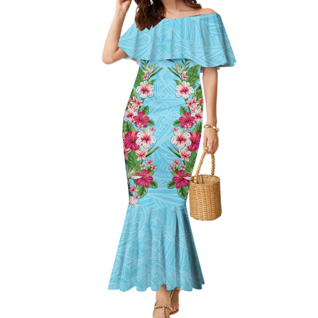 Hawaii Tropical Flowers Family Matching Mermaid Dress and Hawaiian Shirt Sky Blue Polynesian Tattoo Art
