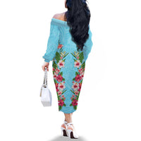 Hawaii Tropical Flowers Family Matching Off The Shoulder Long Sleeve Dress and Hawaiian Shirt Sky Blue Polynesian Tattoo Art