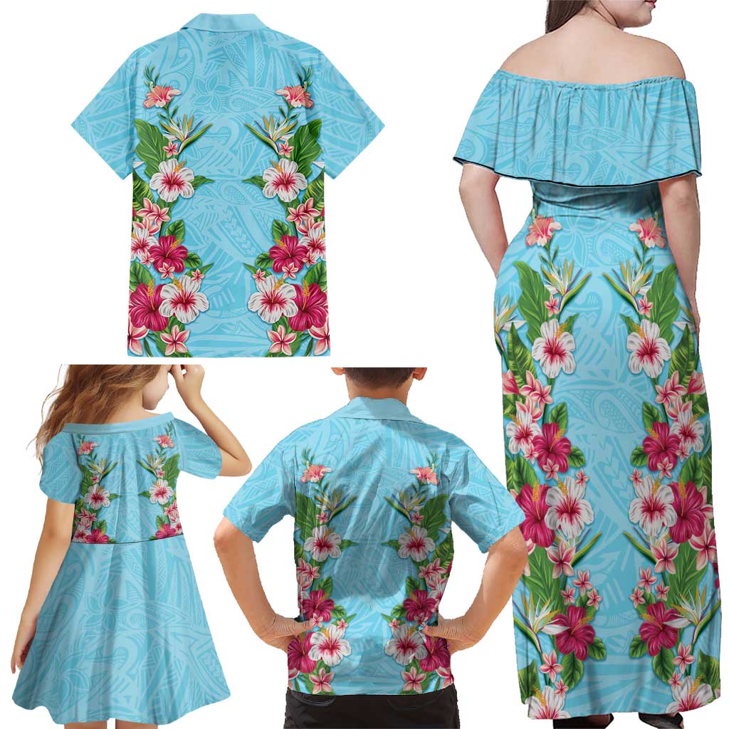 Hawaii Tropical Flowers Family Matching Off Shoulder Maxi Dress and Hawaiian Shirt Sky Blue Polynesian Tattoo Art