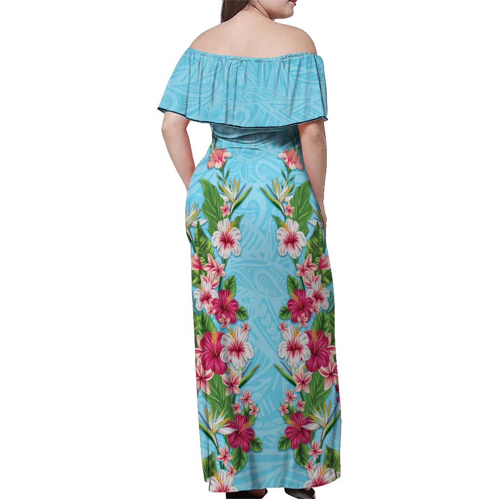 Hawaii Tropical Flowers Family Matching Off Shoulder Maxi Dress and Hawaiian Shirt Sky Blue Polynesian Tattoo Art