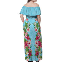 Hawaii Tropical Flowers Family Matching Off Shoulder Maxi Dress and Hawaiian Shirt Sky Blue Polynesian Tattoo Art