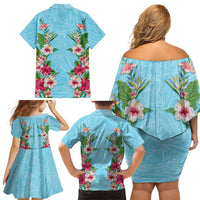 Hawaii Tropical Flowers Family Matching Off Shoulder Short Dress and Hawaiian Shirt Sky Blue Polynesian Tattoo Art