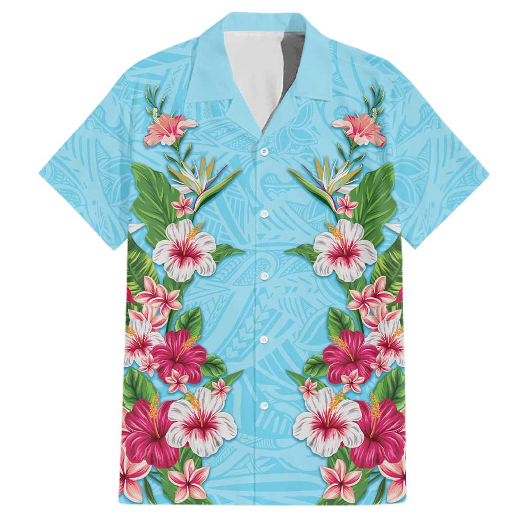 Hawaii Tropical Flowers Family Matching Off Shoulder Short Dress and Hawaiian Shirt Sky Blue Polynesian Tattoo Art