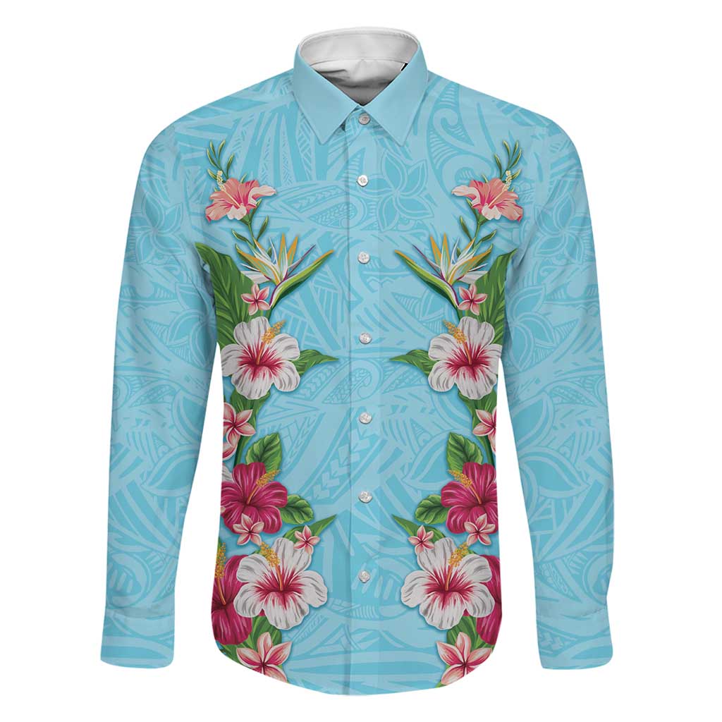 Hawaii Tropical Flowers Family Matching Off Shoulder Short Dress and Hawaiian Shirt Sky Blue Polynesian Tattoo Art
