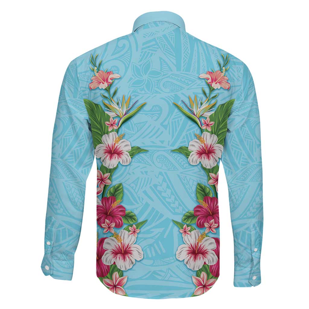 Hawaii Tropical Flowers Family Matching Off Shoulder Short Dress and Hawaiian Shirt Sky Blue Polynesian Tattoo Art