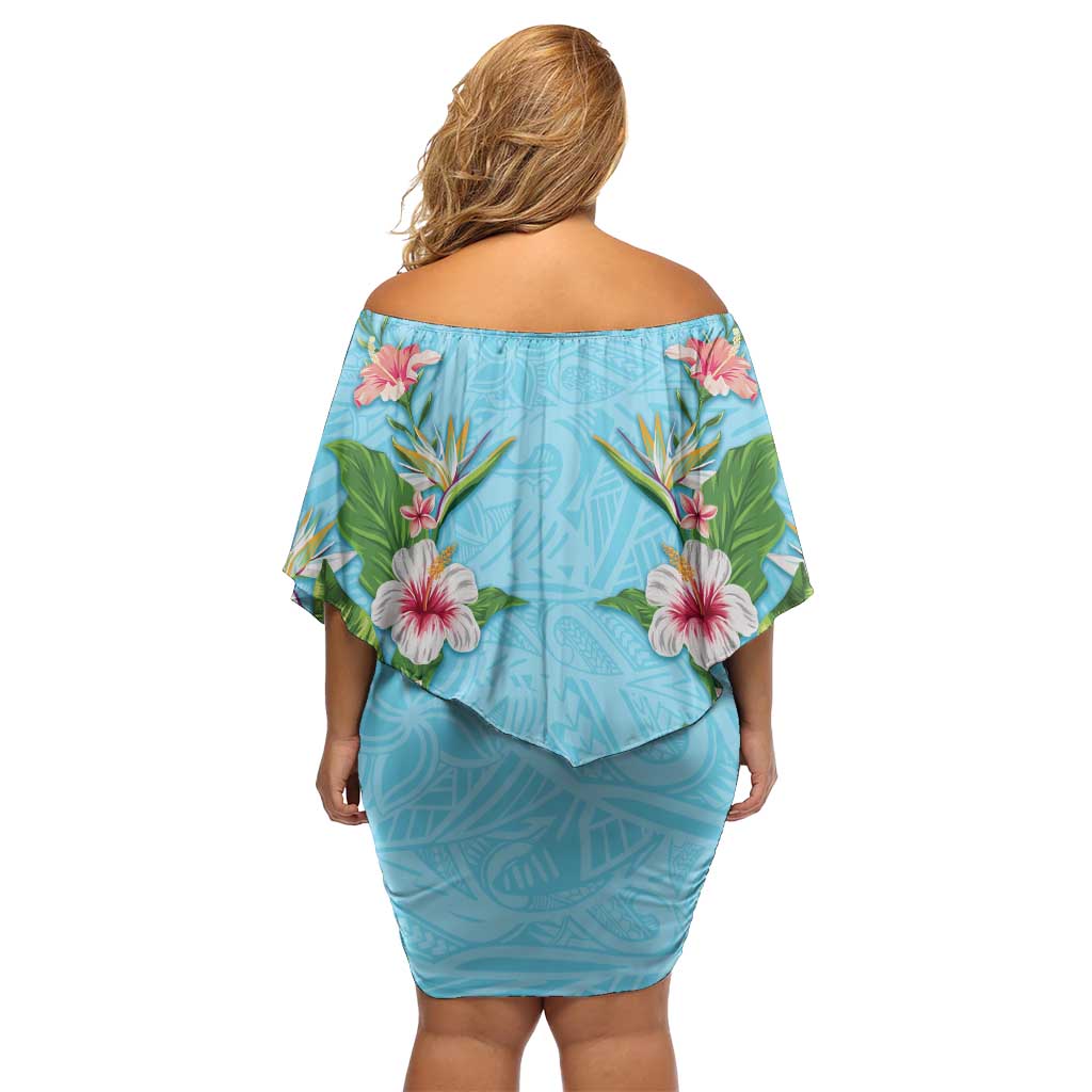 Hawaii Tropical Flowers Family Matching Off Shoulder Short Dress and Hawaiian Shirt Sky Blue Polynesian Tattoo Art